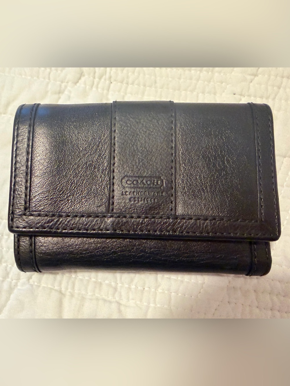 Coach Hampton Black Leather Trifold Wallet with Embossed Logo